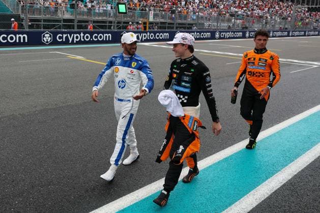 3rd place in sprint, Lewis Hamilton Scuderia Ferrari HP , 2nd place in sprint Oscar Piastri McLaren Formula 1 Team , Winner in sprint, Lando Norris McLaren Formula 1 Team , Grand Prix of Miami, Motorsport, Men, Formula 1, Sprint, 03 05 2025 Miami Florida USA Copyright: xkolbert-press ChristianxKolbertx