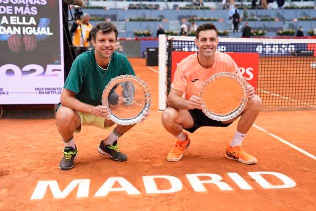 May 3, 2025, Madrid, Madrid, Spain: Horacio Zeballos of Argentina and Marcel Granollers of Spain pose with the winners trophies after winning against Marcelo Arevalo of El Salvador and Mate Pavic of Croatia during the Men DoubleÃ¢â‚¬â ¢s Final of Mutua Madrid Open 2025 - ATP, Tennis Herren Masters 1000 celebrated at Caja Magica on May 03, 2025 in Madrid, Spain. Madrid Spain - ZUMAa181 20250503_zaa_a181_108 Copyright: xOscarxJ.xBarrosox