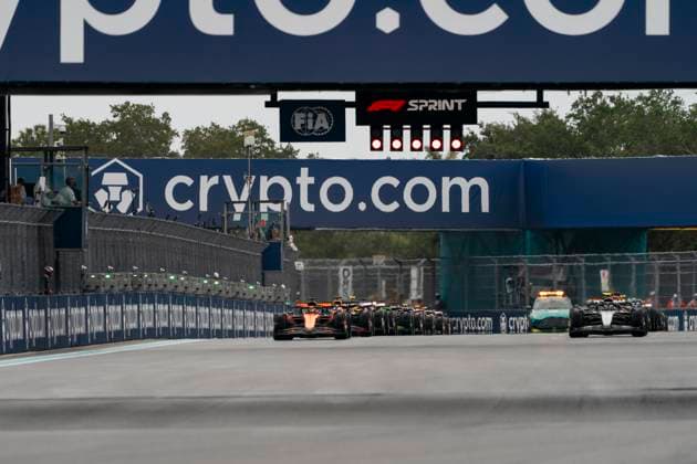 The grid is seen before a standing start of the sprint race on lap three at the Formula One Miami Grand Prix at the Miami International Autodrome in Miami Gardens, Florida on Saturday, May 3, 2025.  MIA2025050329 GREGxNASH