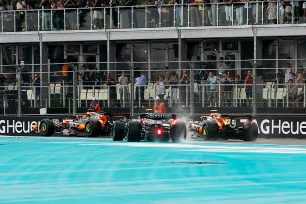 Italian Formula One driver Andrea Kimi Antonelli of Mercedes-AMG Petronas is seen after being passed by Australian Formula One driver Oscar Piastri of McLaren F1 Team on the first lap during the sprint race at the Formula One Miami Grand Prix at the Miami International Autodrome in Miami Gardens, Florida on Saturday, May 3, 2025.  MIA2025050337 GREGxNASH