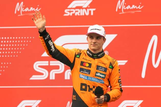 Australian Formula One driver Oscar Piastri of McLaren F1 Team waves to fans after finishing second in the sprint race during the Formula One Miami Grand Prix at the Miami International Autodrome in Miami Gardens, Florida on Saturday, May 3, 2025.  MIA2025050346 GREGxNASH