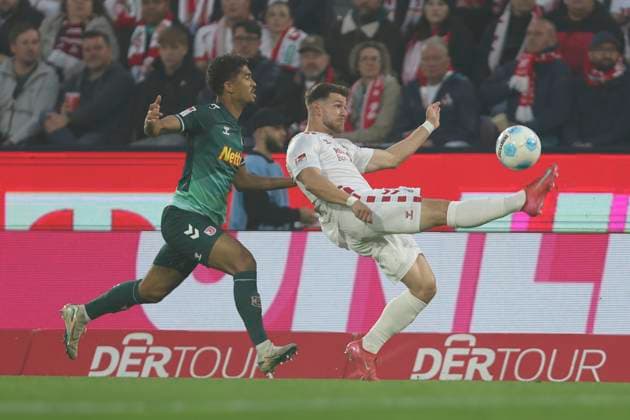 Bryan Hein SSV Jahn Regensburg and Jan Thielmann 1 FC Koeln battle for the ball during the 2 Bundesliga match between 1 FC Köln and Jahn Regensburg at RheinEnergieStadion on May 03, 2025 in Cologne, Germany, Germany Photo by Oliver Kaelke DeFodi Images Bryan Hein SSV Jahn Regensburg and Jan Thielmann 1 FC Koeln battle for the ball during the 2 Bundesliga match between 1 FC Köln and Jahn Regensburg at RheinEnergieStadion on May 3, 2025 in Cologne, Germany Photo by Oliver Kaelke DeFodi Images DFB DFL REGULATIONS PROHIBIT ANY USE OF PHOTOGRAPHS AS IMAGE SEQUENCES AND OR QUASI VIDEO Photo by Oliver Kaelke DeFodi Images