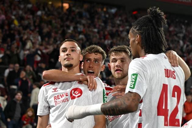 Tim Lemperle 1 FC Koeln celebrates after scoring his team™s first goal with teammates during the 2 Bundesliga match between 1 FC Köln and Jahn Regensburg at the RheinEnergieStadion on May 03, 2025 in Cologne, Germany, Germany Photo by Ralf Treese DeFodi Images Tim Lemperle 1 FC Koeln celebrates after scoring his team™s first goal with teammates during the 2 Bundesliga match between 1 FC Köln and Jahn Regensburg at RheinEnergieStadion on May 3, 2025 in Cologne, Germany Photo by Ralf Treese DeFodi Images DFB DFL REGULATIONS PROHIBIT ANY USE OF PHOTOGRAPHS AS IMAGE SEQUENCES AND OR QUASI VIDEO Photo by Ralf Treese DeFodi Images