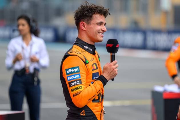 3rd May 2025; Miami International Autodrome, Miami, Florida, USA; Formula 1 Crypto.com Miami Grand Prix 2025; Sprint Race during Qualifying Day; McLaren driver Lando Norris of the United Kingdom smiles during an interview after winning the Sprint race.  ActionPlus12781882 DouglasxMurray