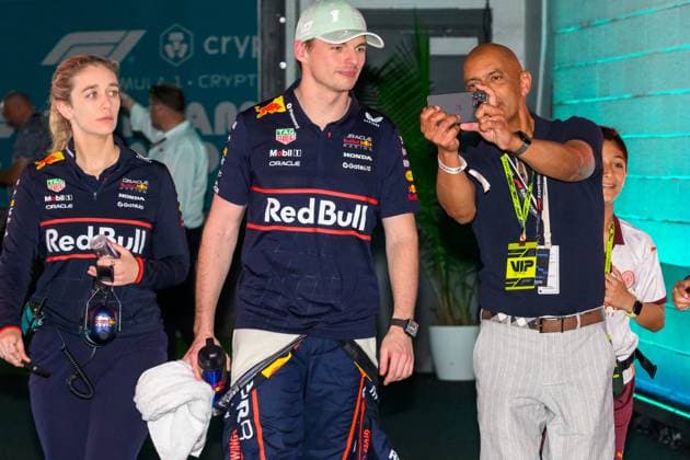 3rd May 2025; Miami International Autodrome, Miami, Florida, USA; Formula 1 Crypto.com Miami Grand Prix 2025; Sprint Race during Qualifying Day; Oracle Red Bull Racing driver Max Verstappen of the Netherlands takes a selfie with a fan in the paddock following the Sprint race.  ActionPlus12781900 DouglasxMurray