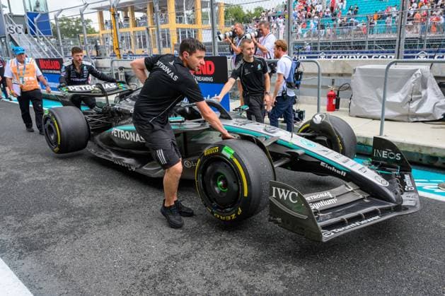 3rd May 2025; Miami International Autodrome, Miami, Florida, USA; Formula 1 Crypto.com Miami Grand Prix 2025; Sprint Race during Qualifying Day; George Russell& x2019;s Mercedes is pushed down pit row following the Sprint race.  ActionPlus12781892 DouglasxMurray