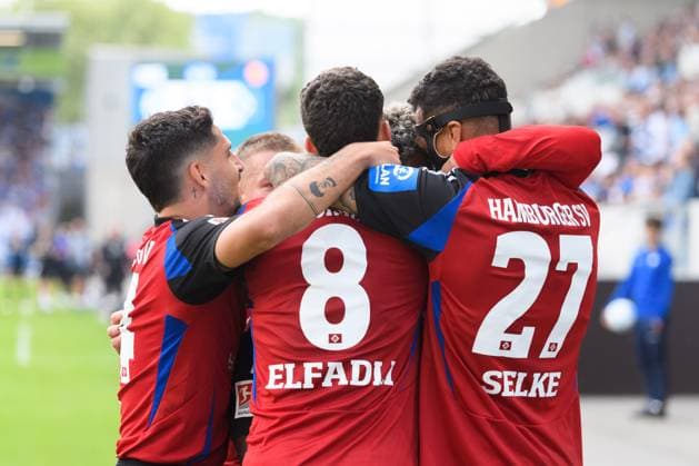 Players of Hamburger SV celebrating the second goal during the 2. Bundesliga match between SV Darmstadt 98 and Hamburger SV at Stadion am Böllenfalltor, Darmstadt, Germany. (Sven Beyrich SPP)  Copyright: xSvenxBeyrich SPPx spp-en-SvBe-20250503-ND5_8020