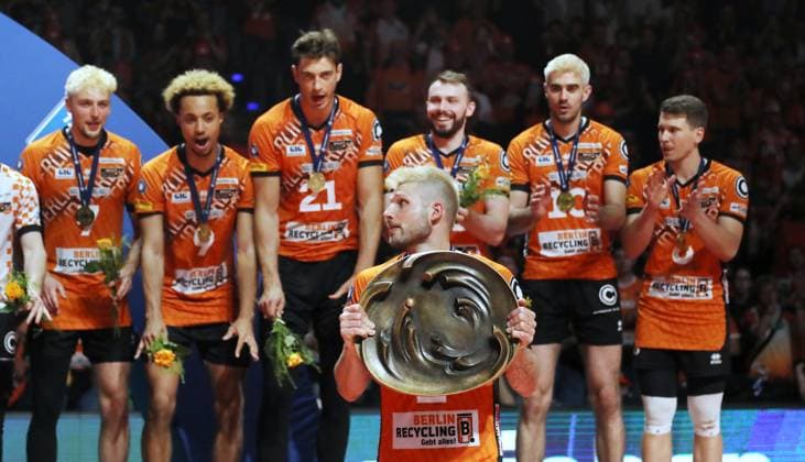 Ruben Schott with championship trophy, Berlin Recycling Volleys team are German champions Cheers Emotion Joy Award ceremony Sport Volleyball Bundesliga Mens Play Off Final 3 Match Season 2024 2025 03 05 2025 BR Volleys Berlin BRV vs SVG Lüneburg