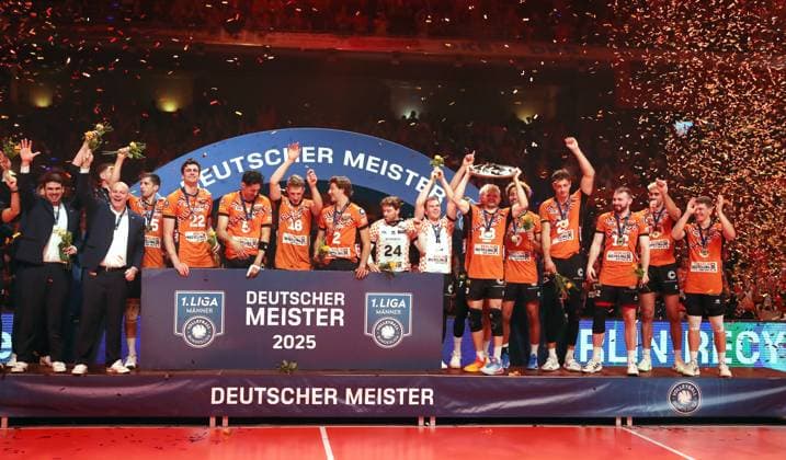 Ruben Schott with championship trophy, Berlin Recycling Volleys team are German champions Cheers Emotion Joy Award ceremony Sport Volleyball Bundesliga Mens Play Off Final 3 Match Season 2024 2025 03 05 2025 BR Volleys Berlin BRV vs SVG Lüneburg
