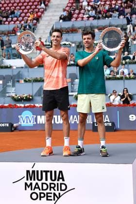 (L-R) Marcel Granollers (ESP), Horacio Zeballos (ARG), MAY 3, 2025 - Tennis : Marcel Granollers and Horacio Zeballos celebrate with the winner s plate at the awards ceremony after winning Doubles Final match against Marcelo Arevalo and Mate Pavic pair on the ATP, Tennis Herren tour Masters 1000 tournaments Mutua Madrid Open tennis tournament at the Caja Magica in Madrid, Spain. Noxthirdxpartyxsales  (289433621)