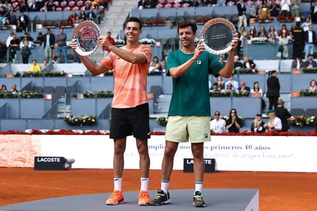 (L-R) Marcel Granollers (ESP), Horacio Zeballos (ARG), MAY 3, 2025 - Tennis : Marcel Granollers and Horacio Zeballos celebrate with the winner s plate at the awards ceremony after winning Doubles Final match against Marcelo Arevalo and Mate Pavic pair on the ATP, Tennis Herren tour Masters 1000 tournaments Mutua Madrid Open tennis tournament at the Caja Magica in Madrid, Spain. Noxthirdxpartyxsales  (289433626)