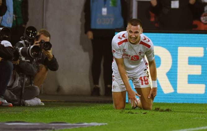 03 05 2025, xophax, Soccer 2 Bundesliga 1 FC Köln vs Jahn Regensburg Tim Lemperle 1 FC Köln after his goal for 1 to 0 in the focus of the photographers DFL DFB REGULATIONS PROHIBIT ANY USE OF PHOTOGRAPHS as IMAGE SEQUENCES and or QUASI VIDEO Köln