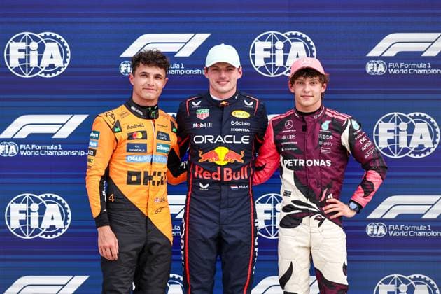 (250504) -- MIAMI, May 4, 2025 -- Pole position qualifier Red Bull s driver Max Verstappen (C) of the Netherlands, second placed qualifier McLaren s driver Lando Norris (L) of Britain, third placed qualifier Mercedes driver Andrea Kimi Antonelli of Italy pose for photograph after qualifying session of the Formula One Miami Grand Prix at Miami International Autodrome in Miami, United States, May 3, 2025. (Photo by Xinhua) (SP)U.S.-MIAMI-FORMULA 1-SPRINT RACE SongxHaiyuan 