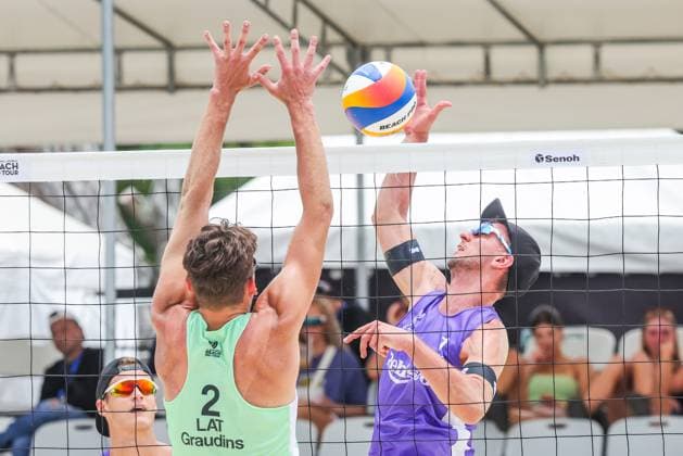 (250504) -- LAGUNA PROVINCE, May 4, 2025 -- Lubos Nemec (R) of Slovakia competes against Markuss Graudins of Latvia during the men s semifinal match between Lubos Nemec Adrian Petruf of Slovakia and Olivers Bulgacs Markuss Graudins of Latvia at the Volleyball World Beach Pro Tour Futures in Laguna Province, the Philippines, May 4, 2025. ) (SP)PHILIPPINES-LAGUNA PROVINCE-VOLLEYBALL WORLD BEACH PRO TOUR FUTURES ROUELLExUMALI 