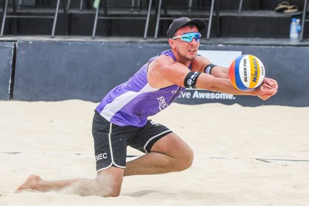 (250504) -- LAGUNA PROVINCE, May 4, 2025 -- Lubos Nemec of Slovakia competes during the men s semifinal match between Lubos Nemec Adrian Petruf of Slovakia and Olivers Bulgacs Markuss Graudins of Latvia at the Volleyball World Beach Pro Tour Futures in Laguna Province, the Philippines, May 4, 2025. ) (SP)PHILIPPINES-LAGUNA PROVINCE-VOLLEYBALL WORLD BEACH PRO TOUR FUTURES ROUELLExUMALI 