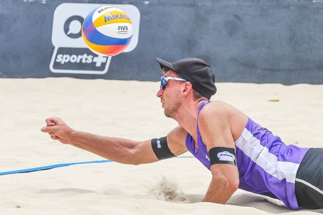 (250504) -- LAGUNA PROVINCE, May 4, 2025 -- Lubos Nemec of Slovakia competes during the men s semifinal match between Lubos Nemec Adrian Petruf of Slovakia and Olivers Bulgacs Markuss Graudins of Latvia at the Volleyball World Beach Pro Tour Futures in Laguna Province, the Philippines, May 4, 2025. ) (SP)PHILIPPINES-LAGUNA PROVINCE-VOLLEYBALL WORLD BEACH PRO TOUR FUTURES ROUELLExUMALI 