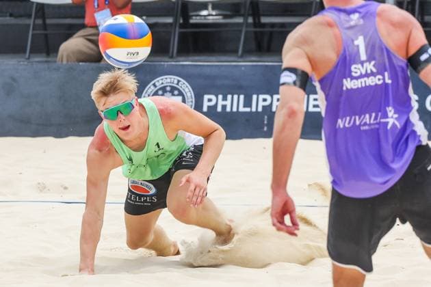 (250504) -- LAGUNA PROVINCE, May 4, 2025 -- Olivers Bulgacs of Latvia competes during the men s semifinal match between Lubos Nemec Adrian Petruf of Slovakia and Olivers Bulgacs Markuss Graudins of Latvia at the Volleyball World Beach Pro Tour Futures in Laguna Province, the Philippines, May 4, 2025. ) (SP)PHILIPPINES-LAGUNA PROVINCE-VOLLEYBALL WORLD BEACH PRO TOUR FUTURES ROUELLExUMALI 