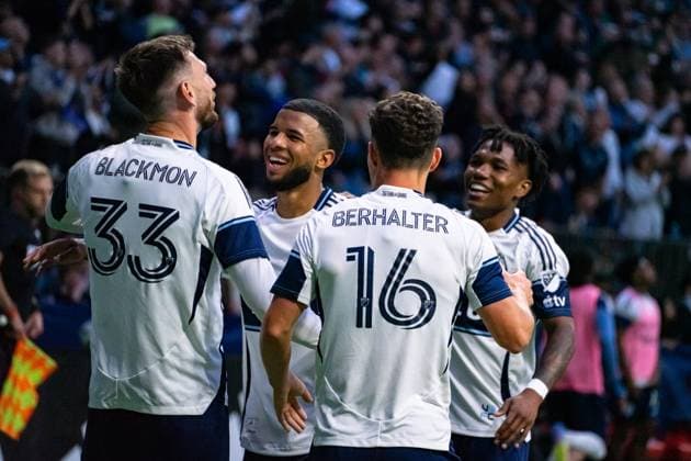 Vancouver, British Columbia, Canada, May 3rd 2025: Tristan Blackmon (33 Vancouver Whitecaps FC) celebrates after scoring a goal with Sebastian Berhalter (16 Vancouver Whitecaps FC), Pedro Vite (45 Vancouver Whitecaps FC) and Edier Ocampo (18 Vancouver Whitecaps FC) during the Major League Soccer match between Vancouver Whitecaps FC and Real Salt Lake at BC Place Stadium in Vancouver, British Columbia, Canada (EDITORIAL USAGE ONLY). (Amy Elle SPP) Copyright: xAmyxElle SPPx spp-en-AmEl-DSC09484