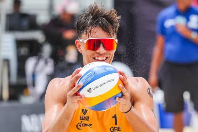 (250504) -- LAGUNA PROVINCE, May 4, 2025 -- Stavros Ntallas of Greece reacts during the men s semifinal match between Dimitrios Chatzinikolaou Stavros Ntallas of Greece and Kevin Cuzmiciov Eylon Elazar of Israel at the Volleyball World Beach Pro Tour Futures in Laguna Province, the Philippines, May 4, 2025. ) (SP)PHILIPPINES-LAGUNA PROVINCE-VOLLEYBALL WORLD BEACH PRO TOUR FUTURES ROUELLExUMALI 