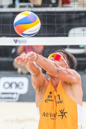 (250504) -- LAGUNA PROVINCE, May 4, 2025 -- Stavros Ntallas of Greece competes during the men s semifinal match between Dimitrios Chatzinikolaou Stavros Ntallas of Greece and Kevin Cuzmiciov Eylon Elazar of Israel at the Volleyball World Beach Pro Tour Futures in Laguna Province, the Philippines, May 4, 2025. ) (SP)PHILIPPINES-LAGUNA PROVINCE-VOLLEYBALL WORLD BEACH PRO TOUR FUTURES ROUELLExUMALI 