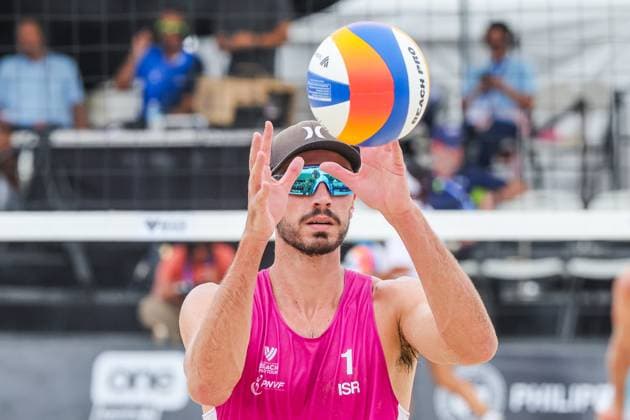 (250504) -- LAGUNA PROVINCE, May 4, 2025 -- Eylon Elazar of Israel competes during the men s semifinal match between Dimitrios Chatzinikolaou Stavros Ntallas of Greece and Kevin Cuzmiciov Eylon Elazar of Israel at the Volleyball World Beach Pro Tour Futures in Laguna Province, the Philippines, May 4, 2025. ) (SP)PHILIPPINES-LAGUNA PROVINCE-VOLLEYBALL WORLD BEACH PRO TOUR FUTURES ROUELLExUMALI 