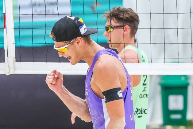(250504) -- LAGUNA PROVINCE, May 4, 2025 -- Adrian Petruf (front) of Slovakia reacts after scoring a point during the men s semifinal match between Lubos Nemec Adrian Petruf of Slovakia and Olivers Bulgacs Markuss Graudins of Latvia at the Volleyball World Beach Pro Tour Futures in Laguna Province, the Philippines, May 4, 2025. ) (SP)PHILIPPINES-LAGUNA PROVINCE-VOLLEYBALL WORLD BEACH PRO TOUR FUTURES ROUELLExUMALI 
