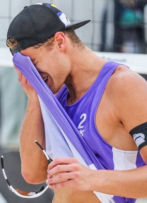 (250504) -- LAGUNA PROVINCE, May 4, 2025 -- Adrian Petruf of Slovakia reacts during the men s semifinal match between Lubos Nemec Adrian Petruf of Slovakia and Olivers Bulgacs Markuss Graudins of Latvia at the Volleyball World Beach Pro Tour Futures in Laguna Province, the Philippines, May 4, 2025. ) (SP)PHILIPPINES-LAGUNA PROVINCE-VOLLEYBALL WORLD BEACH PRO TOUR FUTURES ROUELLExUMALI 