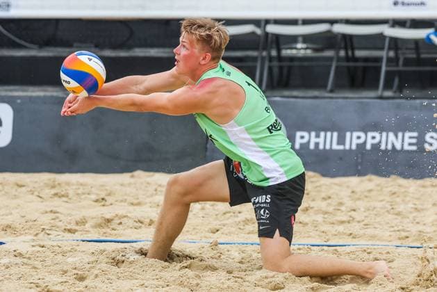 (250504) -- LAGUNA PROVINCE, May 4, 2025 -- Olivers Bulgacs of Latvia competes during the men s 3rd place match between Stavros Ntallas Dimitrios Chatzinikolaou of Greece and Olivers Bulgacs Markuss Graudins of Latvia at the Volleyball World Beach Pro Tour Futures in Laguna Province, the Philippines, May 4, 2025. ) (SP)PHILIPPINES-LAGUNA PROVINCE-VOLLEYBALL WORLD BEACH PRO TOUR FUTURES ROUELLExUMALI 