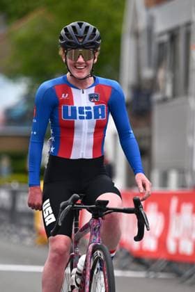 WC3 USA Clara Brown celebrates as she crosses the finish line to win the road races at the UCI Para-Cycling Road World Cup event, Sunday 04 May 2025, in Brugge. The UCI Para-Cycling Road World Cup takes place from 01 to 04 May in Oostende and Brugge. LUCxCLAESSEN  x122642471x
