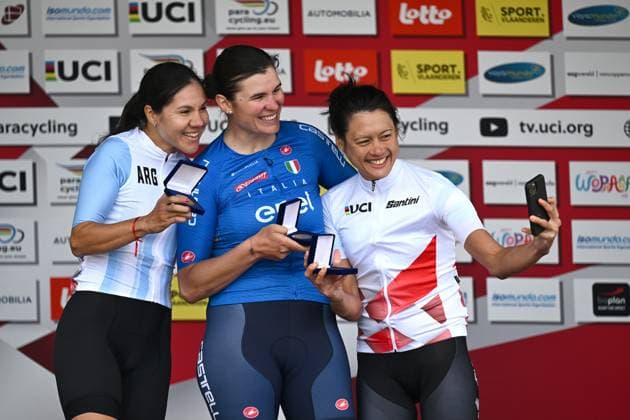 Picture shows the podium of the WC5 race at and the road races at the UCI Para-Cycling Road World Cup event, Sunday 04 May 2025, in Brugge. The UCI Para-Cycling Road World Cup takes place from 01 to 04 May in Oostende and Brugge. LUCxCLAESSEN  x122645824x