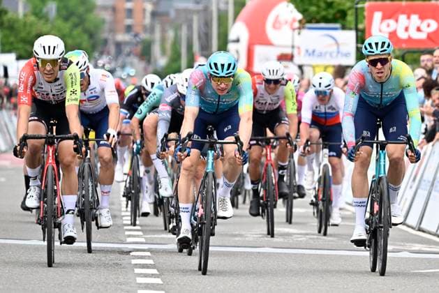 Lotto-Famenne Ardenne Classic 2025 cycling race MARCHE-EN-FAMENNE, BELGIUM - MAY 04 : Kanter Max (GER) of XDS Astana Team wins the sprint, Marit Arne (BEL) of Intermarche - Wanty, Bol Cees (NED) of XDS Astana Team during the Men Elite UCI 1.1 Europe Tour 7th Lotto-Famenne Ardenne Classic cycling race with start in Marche-en-Famenne and finish in Marche-en-Famenne after 195 km on May 04, 2025 in Marche-en-Famenne, Belgium, 04 05 2025 ( Motordriver Guy De Vuyst & Marche-en-Famenne Belgium  Copyright: xJanxDexMeuleneirx