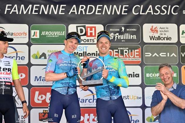 Lotto-Famenne Ardenne Classic 2025 cycling race MARCHE-EN-FAMENNE, BELGIUM - MAY 04 : Marit Arne (BEL) of Intermarche - Wanty, Kanter Max (GER) of XDS Astana Team and Bol Cees (NED) of XDS Astana Team pictured during the podium ceremony of the Men Elite UCI 1.1 Europe Tour 7th Lotto-Famenne Ardenne Classic cycling race with start in Marche-en-Famenne and finish in Marche-en-Famenne after 195 km on May 04, 2025 in Marche-en-Famenne, Belgium, 04 05 2025 ( Motordriver Guy De Vuyst & Marche-en-Famenne Belgium  Copyright: xJanxDexMeuleneirx