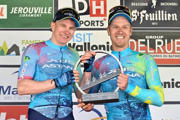 Lotto-Famenne Ardenne Classic 2025 cycling race MARCHE-EN-FAMENNE, BELGIUM - MAY 04 : Kanter Max (GER) of XDS Astana Team and Bol Cees (NED) of XDS Astana Team pictured during the podium ceremony of the Men Elite UCI 1.1 Europe Tour 7th Lotto-Famenne Ardenne Classic cycling race with start in Marche-en-Famenne and finish in Marche-en-Famenne after 195 km on May 04, 2025 in Marche-en-Famenne, Belgium, 04 05 2025 ( Motordriver Guy De Vuyst & Marche-en-Famenne Belgium  Copyright: xJanxDexMeuleneirx