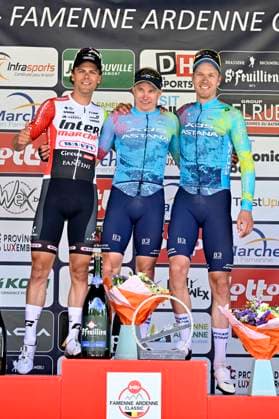 Lotto-Famenne Ardenne Classic 2025 cycling race MARCHE-EN-FAMENNE, BELGIUM - MAY 04 : Marit Arne (BEL) of Intermarche - Wanty, Kanter Max (GER) of XDS Astana Team and Bol Cees (NED) of XDS Astana Team pictured during the podium ceremony of the Men Elite UCI 1.1 Europe Tour 7th Lotto-Famenne Ardenne Classic cycling race with start in Marche-en-Famenne and finish in Marche-en-Famenne after 195 km on May 04, 2025 in Marche-en-Famenne, Belgium, 04 05 2025 ( Motordriver Guy De Vuyst & Marche-en-Famenne Belgium  Copyright: xJanxDexMeuleneirx