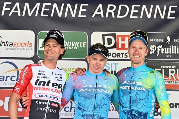 Lotto-Famenne Ardenne Classic 2025 cycling race MARCHE-EN-FAMENNE, BELGIUM - MAY 04 : Marit Arne (BEL) of Intermarche - Wanty, Kanter Max (GER) of XDS Astana Team and Bol Cees (NED) of XDS Astana Team pictured during the podium ceremony of the Men Elite UCI 1.1 Europe Tour 7th Lotto-Famenne Ardenne Classic cycling race with start in Marche-en-Famenne and finish in Marche-en-Famenne after 195 km on May 04, 2025 in Marche-en-Famenne, Belgium, 04 05 2025 ( Motordriver Guy De Vuyst & Marche-en-Famenne Belgium  Copyright: xJanxDexMeuleneirx