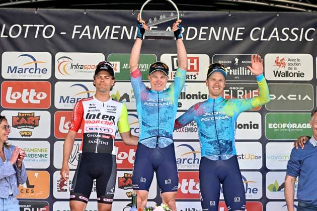 Lotto-Famenne Ardenne Classic 2025 cycling race MARCHE-EN-FAMENNE, BELGIUM - MAY 04 : Marit Arne (BEL) of Intermarche - Wanty, Kanter Max (GER) of XDS Astana Team and Bol Cees (NED) of XDS Astana Team pictured during the podium ceremony of the Men Elite UCI 1.1 Europe Tour 7th Lotto-Famenne Ardenne Classic cycling race with start in Marche-en-Famenne and finish in Marche-en-Famenne after 195 km on May 04, 2025 in Marche-en-Famenne, Belgium, 04 05 2025 ( Motordriver Guy De Vuyst & Marche-en-Famenne Belgium  Copyright: xJanxDexMeuleneirx