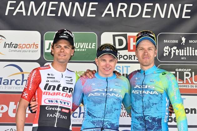 Lotto-Famenne Ardenne Classic 2025 cycling race MARCHE-EN-FAMENNE, BELGIUM - MAY 04 : Marit Arne (BEL) of Intermarche - Wanty, Kanter Max (GER) of XDS Astana Team and Bol Cees (NED) of XDS Astana Team pictured during the podium ceremony of the Men Elite UCI 1.1 Europe Tour 7th Lotto-Famenne Ardenne Classic cycling race with start in Marche-en-Famenne and finish in Marche-en-Famenne after 195 km on May 04, 2025 in Marche-en-Famenne, Belgium, 04 05 2025 ( Motordriver Guy De Vuyst & Marche-en-Famenne Belgium  Copyright: xJanxDexMeuleneirx