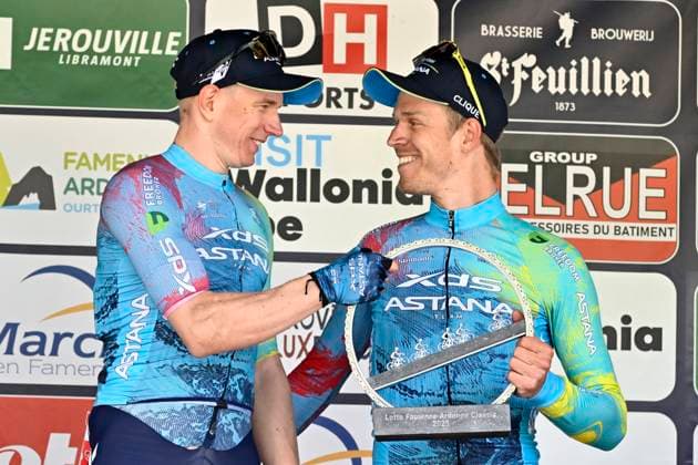 Lotto-Famenne Ardenne Classic 2025 cycling race MARCHE-EN-FAMENNE, BELGIUM - MAY 04 : Kanter Max (GER) of XDS Astana Team and Bol Cees (NED) of XDS Astana Team pictured during the podium ceremony of the Men Elite UCI 1.1 Europe Tour 7th Lotto-Famenne Ardenne Classic cycling race with start in Marche-en-Famenne and finish in Marche-en-Famenne after 195 km on May 04, 2025 in Marche-en-Famenne, Belgium, 04 05 2025 ( Motordriver Guy De Vuyst & Marche-en-Famenne Belgium  Copyright: xJanxDexMeuleneirx