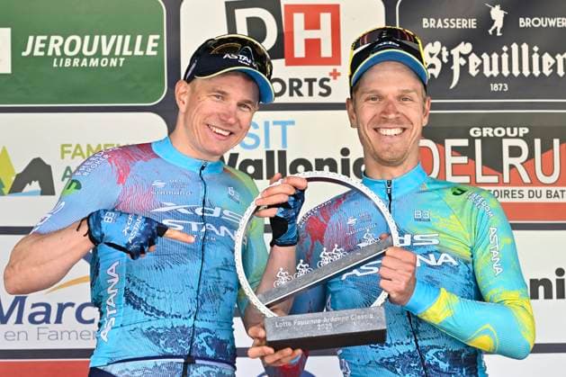 Lotto-Famenne Ardenne Classic 2025 cycling race MARCHE-EN-FAMENNE, BELGIUM - MAY 04 : Kanter Max (GER) of XDS Astana Team and Bol Cees (NED) of XDS Astana Team pictured during the podium ceremony of the Men Elite UCI 1.1 Europe Tour 7th Lotto-Famenne Ardenne Classic cycling race with start in Marche-en-Famenne and finish in Marche-en-Famenne after 195 km on May 04, 2025 in Marche-en-Famenne, Belgium, 04 05 2025 ( Motordriver Guy De Vuyst & Marche-en-Famenne Belgium  Copyright: xJanxDexMeuleneirx
