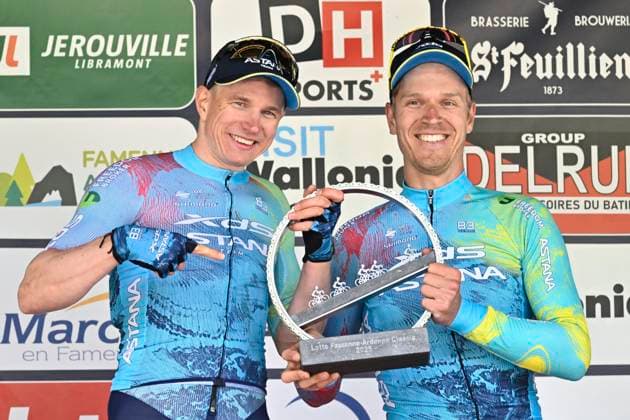 Lotto-Famenne Ardenne Classic 2025 cycling race MARCHE-EN-FAMENNE, BELGIUM - MAY 04 : Kanter Max (GER) of XDS Astana Team and Bol Cees (NED) of XDS Astana Team pictured during the podium ceremony of the Men Elite UCI 1.1 Europe Tour 7th Lotto-Famenne Ardenne Classic cycling race with start in Marche-en-Famenne and finish in Marche-en-Famenne after 195 km on May 04, 2025 in Marche-en-Famenne, Belgium, 04 05 2025 ( Motordriver Guy De Vuyst & Marche-en-Famenne Belgium  Copyright: xJanxDexMeuleneirx