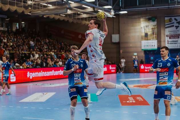 VfL Luebeck Schwartau vs TuS Ferndorf, Handball, 2 Bundesliga, 04 05 25 Daniel Hideg Nr 18, Tus Ferndorf VfL Luebeck Schwartau vs TuS Ferndorf, Handball, 2 Bundesliga, 04 05 25 Luebeck Hansehalle Schleswig Holstein Germany Copyright: xChristianxSchaffrathx xMedienwerkxLübeckx