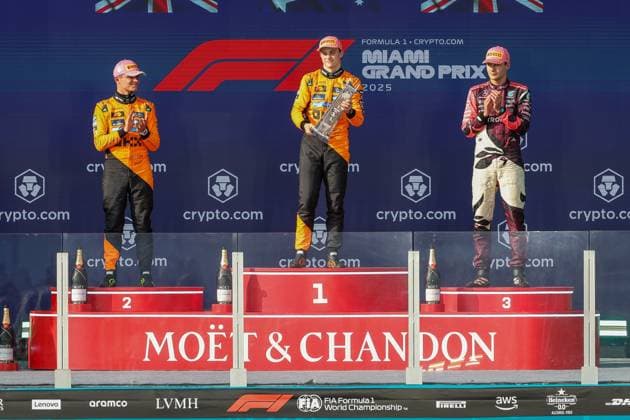 Award ceremony on the podium, l r 2nd place Lando Norris McLaren Formula 1 Team , Winner, Winner, Oscar Piastri McLaren Formula 1 Team , 3rd place George Russell Mercedes AMG Petronas , Grand Prix of Miami, Motorsport, Men, Formula 1, Race, 04 05 2025 Miami Florida USA Copyright: xkolbert-press ChristianxKolbertx