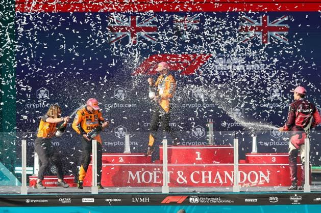 Champagne shower on the podium, Marketing Director Louise McEwen, 2nd place Lando Norris McLaren Formula 1 Team , Winner, Winner, Oscar Piastri McLaren Formula 1 Team , 3rd place George Russell Mercedes AMG Petronas , Grand Prix of Miami, Motorsport, Men, Formula 1, Race, 04 05 2025 Miami Florida USA Copyright: xkolbert-press ChristianxKolbertx