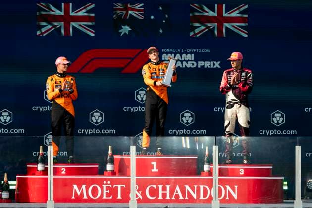 Australian Formula One driver Oscar Piastri of McLaren F1 Team holds the first place trophy during a podium ceremony at the Formula One Miami Grand Prix at the Miami International Autodrome in Miami Gardens, Florida on Sunday, May 4, 2025.  MIA2025050451 GREGxNASH