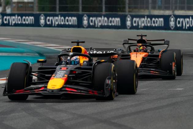 Dutch Formula One driver Max Verstappen of Red Bull Racing awaits a pass from Australian Formula One driver Oscar Piastri of McLaren F1 Team during the Formula One Miami Grand Prix at the Miami International Autodrome in Miami Gardens, Florida on Sunday, May 4, 2025.  MIA2025050474 GREGxNASH