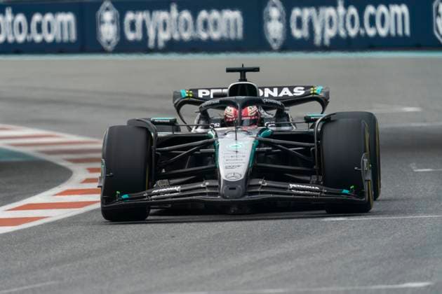 British Formula One driver George Russell of Mercedes-AMG Petronas races in the Formula One Miami Grand Prix at the Miami International Autodrome in Miami Gardens, Florida on Sunday, May 4, 2025.  MIA2025050485 GREGxNASH