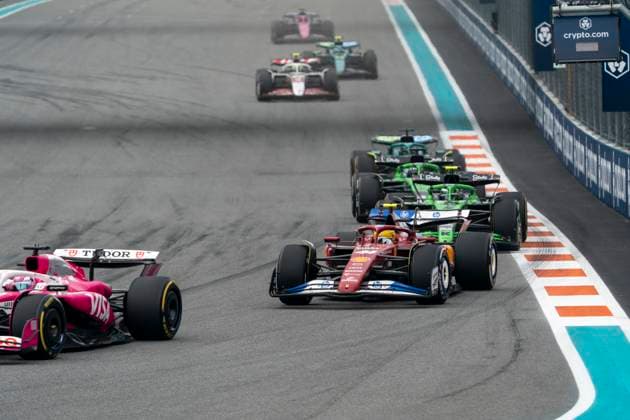 British Formula One driver Lewis Hamilton of Scuderia Ferrari is seen in the mid-pack during the Formula One Miami Grand Prix at the Miami International Autodrome in Miami Gardens, Florida on Sunday, May 4, 2025.  MIA2025050473 GREGxNASH