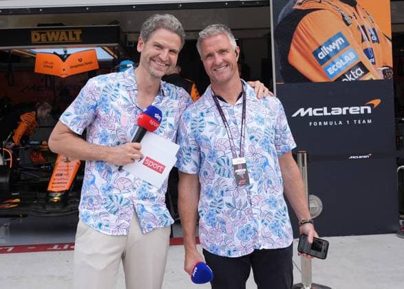 04 05 2025, Miami International Autodrome, Miami, Formula 1 Crypto com Miami Grand Prix 2025 ,in the picture Sky Deutschland presenter Peter Hardenacke with Sky Deutschland expert Ralf Schumacher Photo by Hasan Bratic DeFodi Images