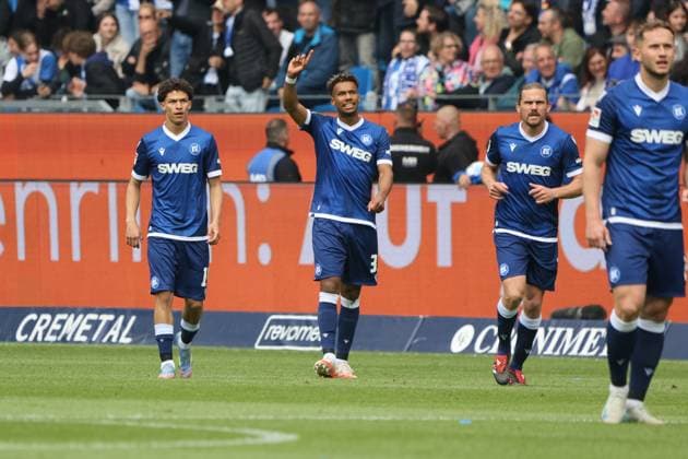 04 05 2025, Soccer, Men, 2 Bundesliga, Season 2024 2025, Karlsruher SC 1 FC Kaiserslautern, Goal celebration for 1 0, Goalscorer Louey Ben Farhat Karlsruher SC Karlsruhe BBBank Wildpark Baden Württemberg Germany EN Copyright: xSebastianxBachx