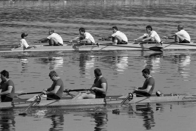 Archivbilder der Woche SPORT KW19 Moscow, USSR. The photo show the race of the 1980 USSR (front) and 1980 USA (back) national teams on eight-seater boats during the Grand Moscow Regatta on the Krylatskoye Rowing Canal. Alexander Yakovlev TASS  32516429